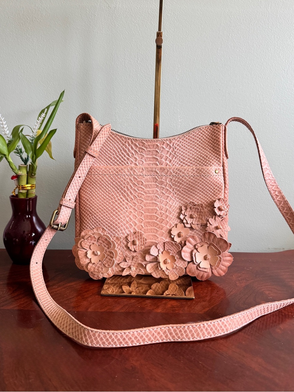 FRYE Leather Croc Embossed Women’s Crossbody Bag with flowers appliqué